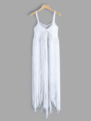 Wholesale White V-Neck Sleeveless Plain Tassel Tassel Hem Cover Ups Swimwear