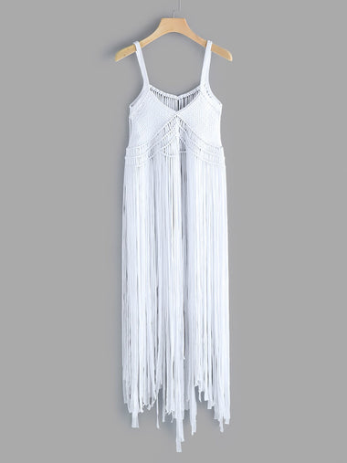Wholesale V-Neck Plain Tassel Sleeveless Tassel Hem White Cover Ups Swimwear