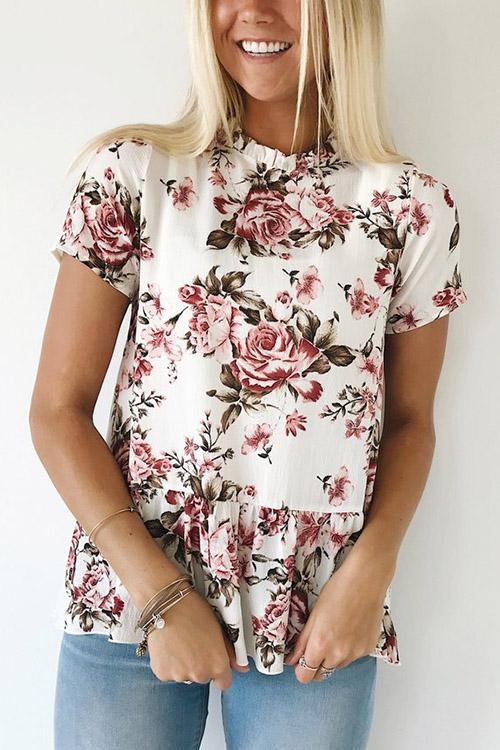 Wholesale Round Neck Floral Print Short Sleeve Flounced Hem White Top
