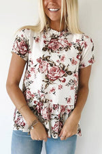 Wholesale Round Neck Floral Print Short Sleeve Flounced Hem White Top