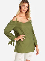 Wholesale Cold Shoulder Plain Self-Tie Long Sleeve Blouses