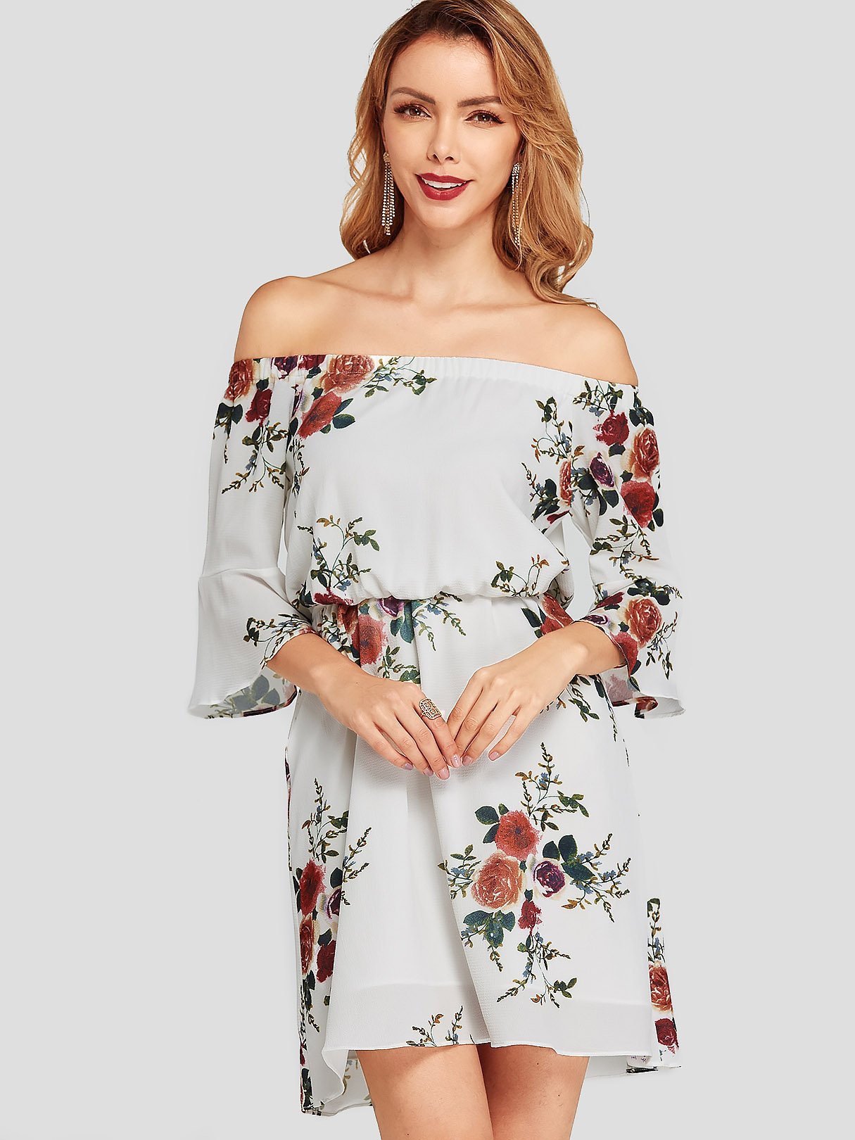 Wholesale White Off The Shoulder Half Sleeve Floral Print Backless Dresses