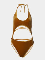 Wholesale Brown Scoop Neck Sleeveless Plain Backless Cut Out Tie-Up Bikinis