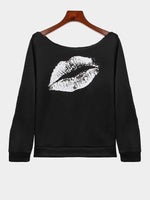 Wholesale Asymmetric Shoulder Long Sleeves Top With Lipprint