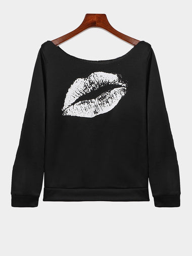 Wholesale Asymmetric Shoulder Long Sleeves Top With Lipprint