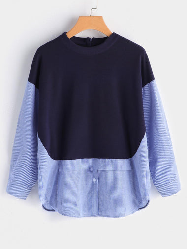 Wholesale Round Neck Long Sleeve Curved Hem Blue Plus Size Tops