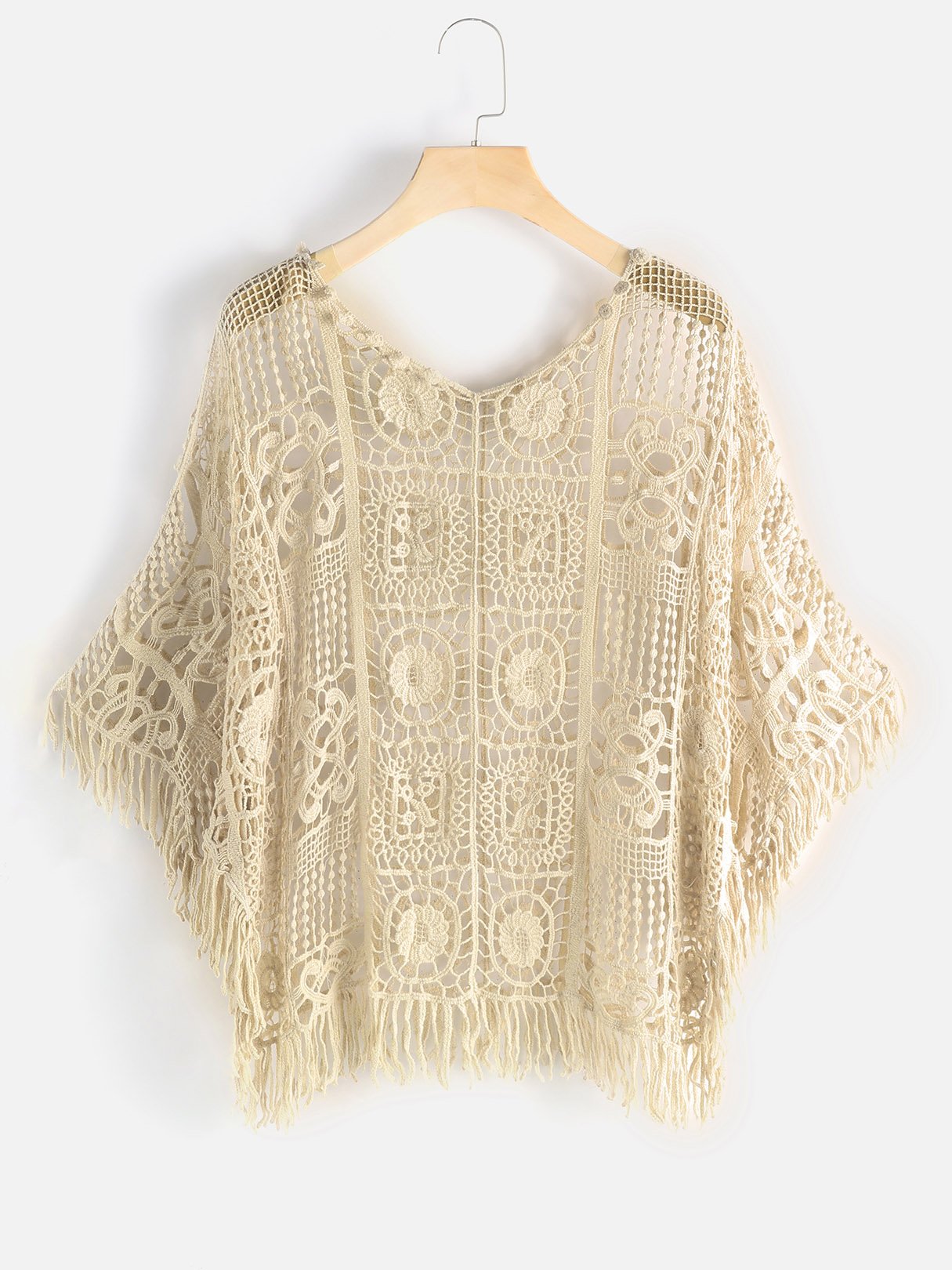 Wholesale Beige V-Neck Short Sleeve Tassel Hollow Beachwear