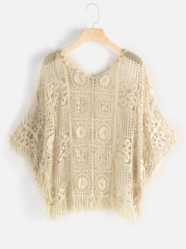 Wholesale Beige V-Neck Short Sleeve Tassel Hollow Beachwear