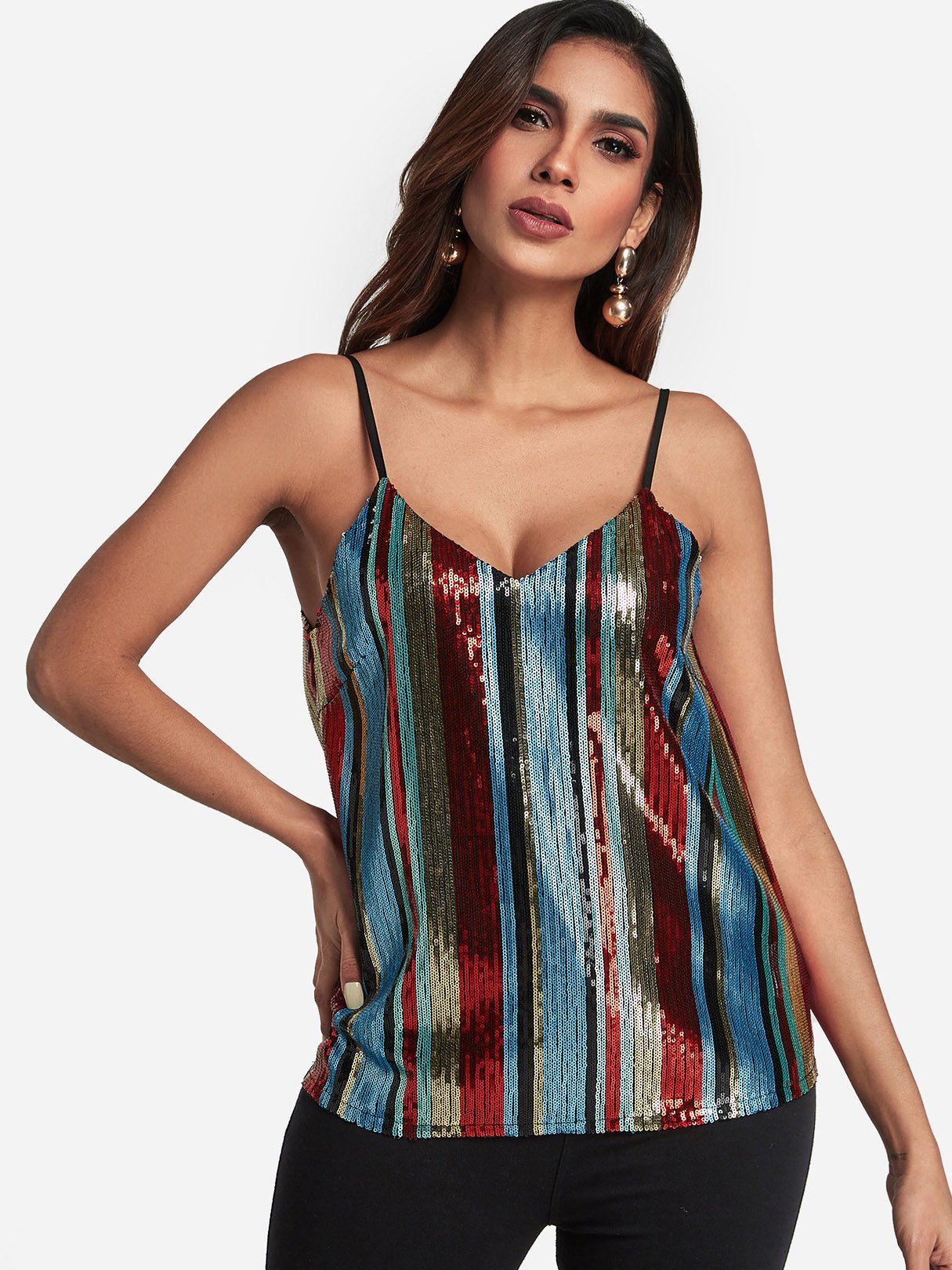 Wholesale V-Neck Stripe Sequins Embellished Sleeveless Camis