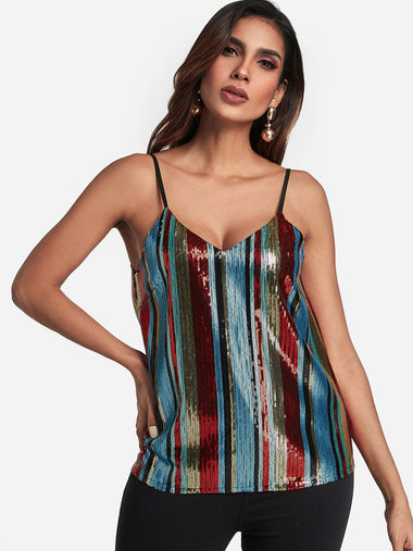 Wholesale V-Neck Stripe Sequins Embellished Sleeveless Camis