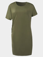 Wholesale Green Round Neck Short Sleeve Plain Pleated Casual Dresses