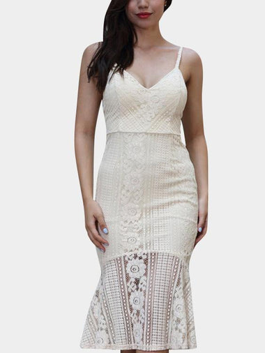 Wholesale Deep V Neck Plain Lace Zip Back Backless Lace-Up Spaghetti Strap Sleeveless Flounced Hem Beige Dresses