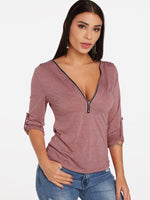 Wholesale V-Neck Plain Zip Back Long Sleeve T-Shirts