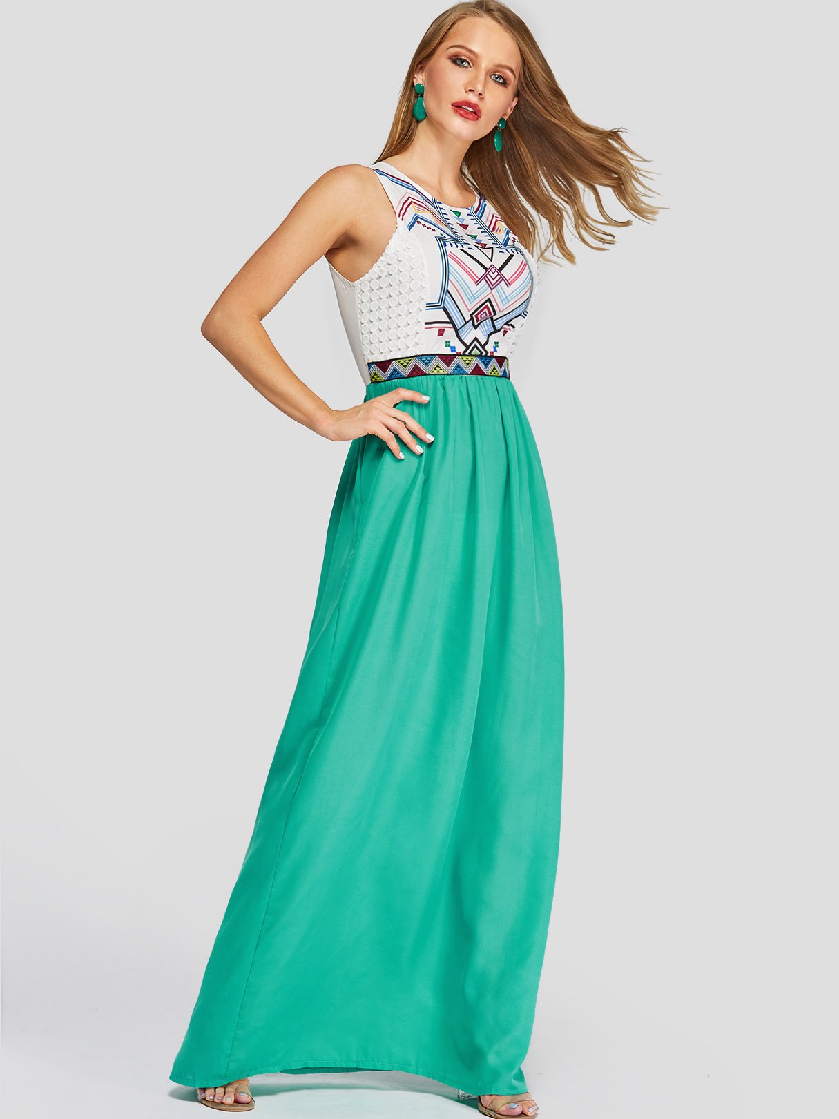 Wholesale Green Round Neck Printed Casual Dress
