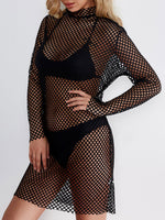 Wholesale Long Sleeve Hollow Cut Out Bodycon Hem Black Mini Dress