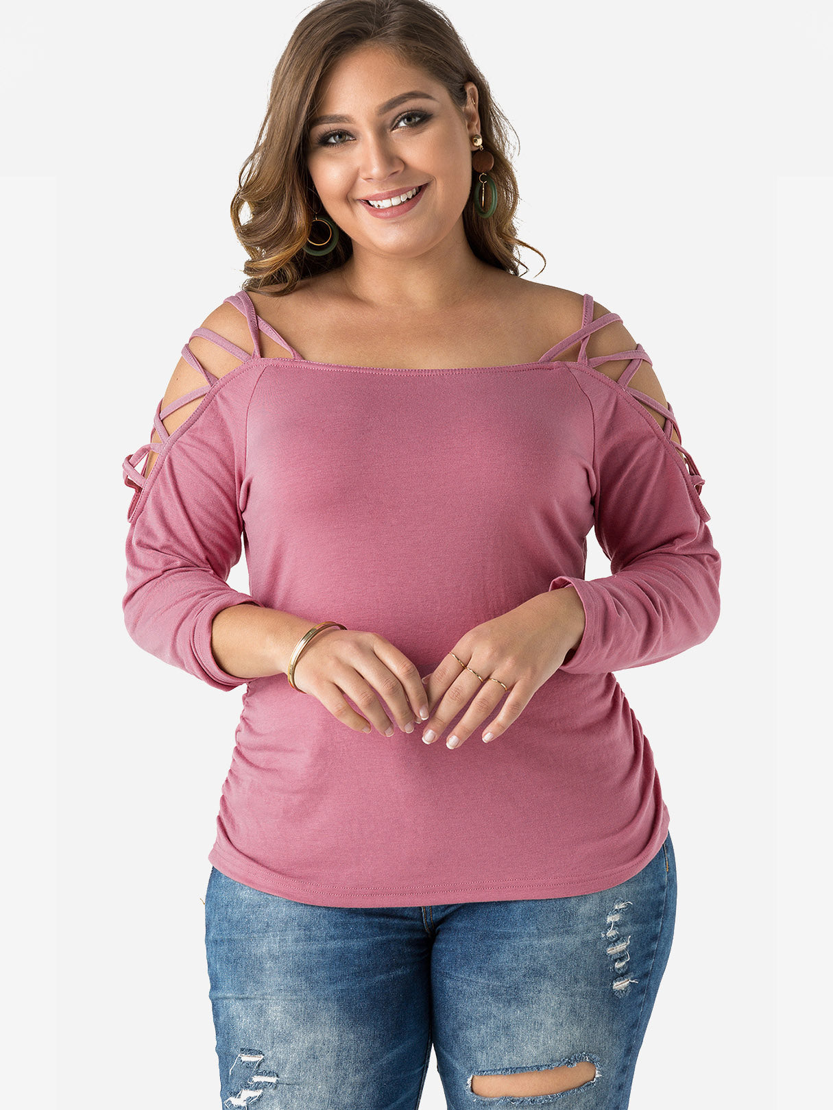 Wholesale Off The Shoulder Plain Hollow Long Sleeve Plum Plus Size Tops