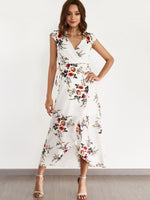 Wholesale White V-Neck Short Sleeve Floral Print Wrap Dresses