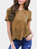 Wholesale Round Neck Hollow Short Sleeve Irregular Hem T-Shirts