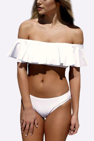 Wholesale White Off The Shoulder Sleeveless Tiered Two Piece Bikinis