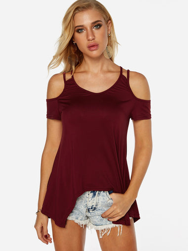Wholesale V-Neck Cold Shoulder Plain Cut Out Short Sleeve Irregular Hem Burgundy Top