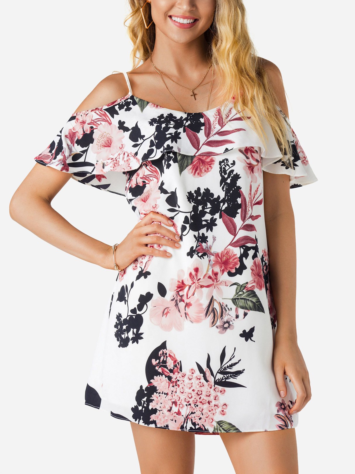 Wholesale White Floral Print Spaghetti Strap Cold Shoulder Sleeveless Dresses