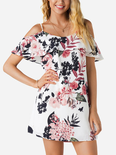 Wholesale White Floral Print Spaghetti Strap Cold Shoulder Sleeveless Dresses