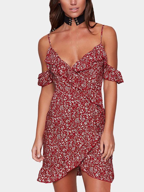 Wholesale V-Neck Sleeveless Floral Print Backless Ruffle Hem Dresses
