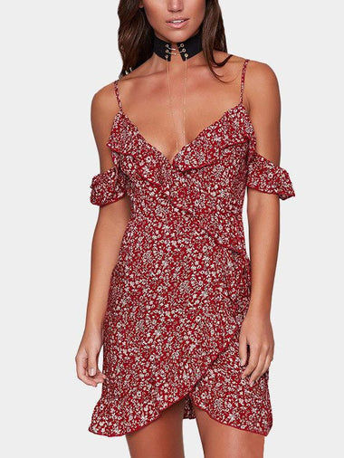 Wholesale V-Neck Sleeveless Floral Print Backless Ruffle Hem Dresses