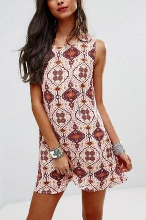 Wholesale Round Neck Sleeveless Floral Print Backless Mini Dress