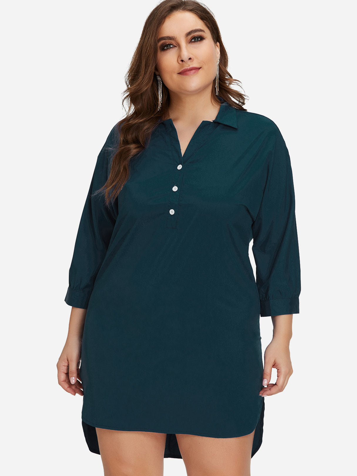 Wholesale Classic Collar Plain 3/4 Sleeve High-Low Hem Green Plus Size Dress