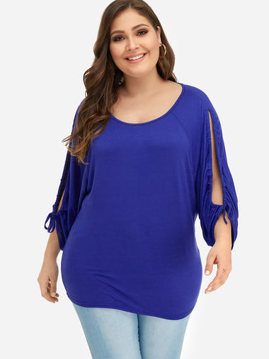 Wholesale Round Neck Plain Cut Out Pleated 3/4 Sleeve Blue Plus Size Tops