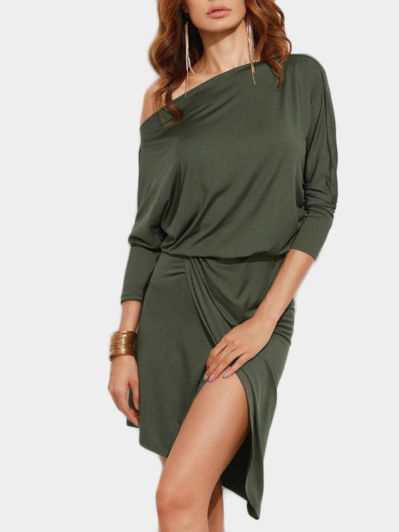Wholesale Green One Shoulder Long Sleeve Irregular Hem Casual Dresses