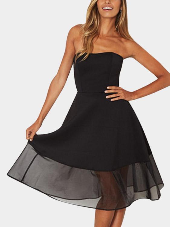 Wholesale Black Strapless Off The Shoulder Sleeveless Tiered Zip Back Backless Ruffle Hem High-Waisted Sexy Dress