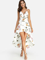 Wholesale White V-Neck Sleeveless Floral Print Backless Spaghetti Strap High-Low Hem Dresses