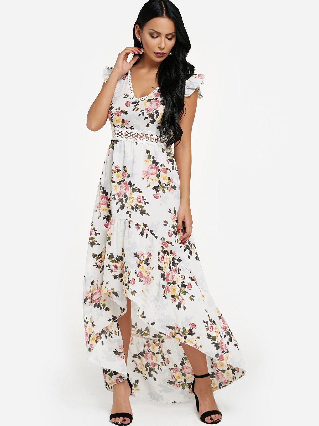 Wholesale White V-Neck Sleeveless Floral Print Lace Zip Back Partially Lined Flounced Hem Maxi Dress