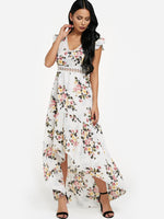 Wholesale White V-Neck Sleeveless Floral Print Lace Zip Back Partially Lined Flounced Hem Maxi Dress