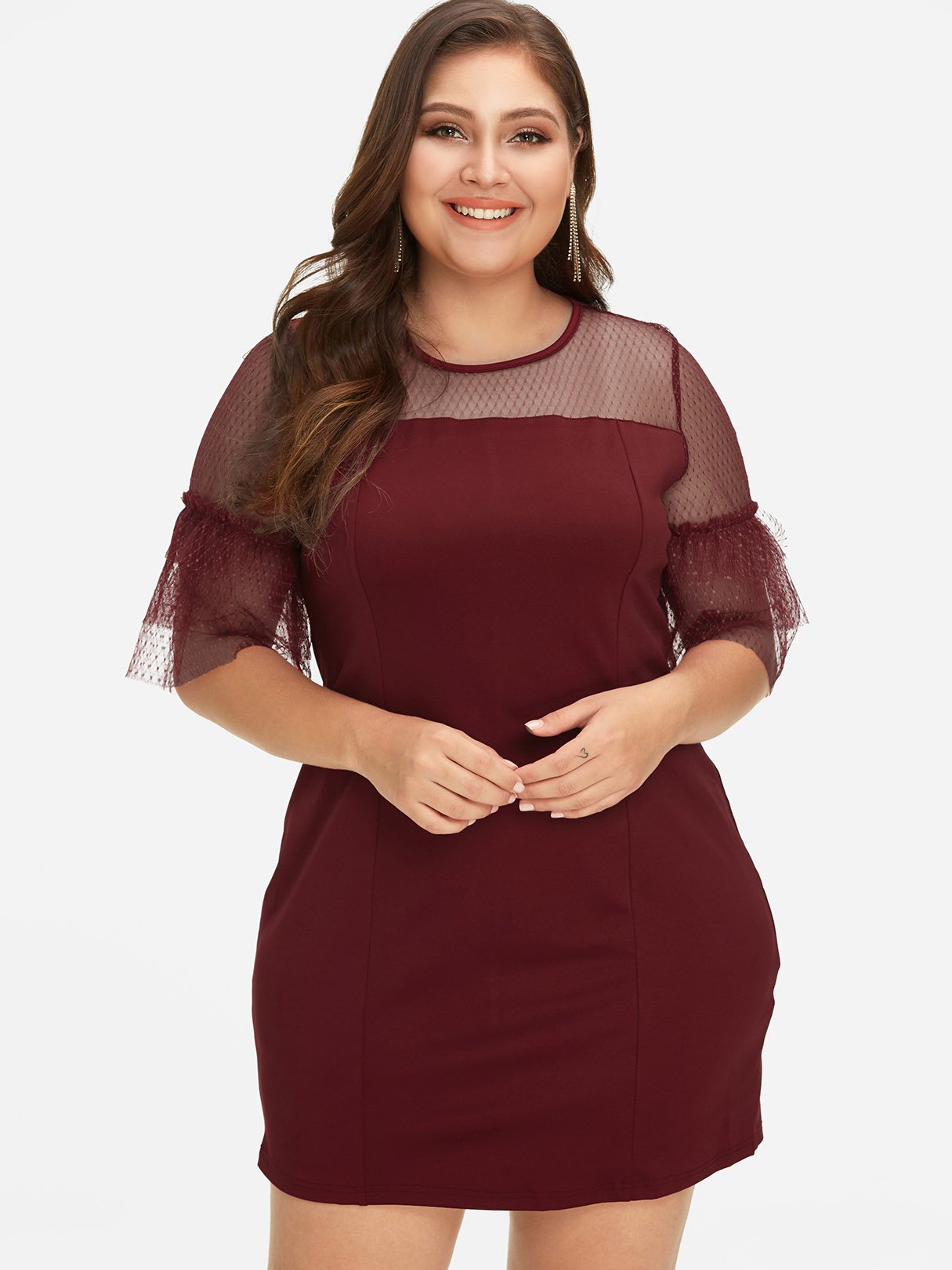 Wholesale Roll Neck Plain Lace See Through Half Sleeve Burgundy Plus Size Dress
