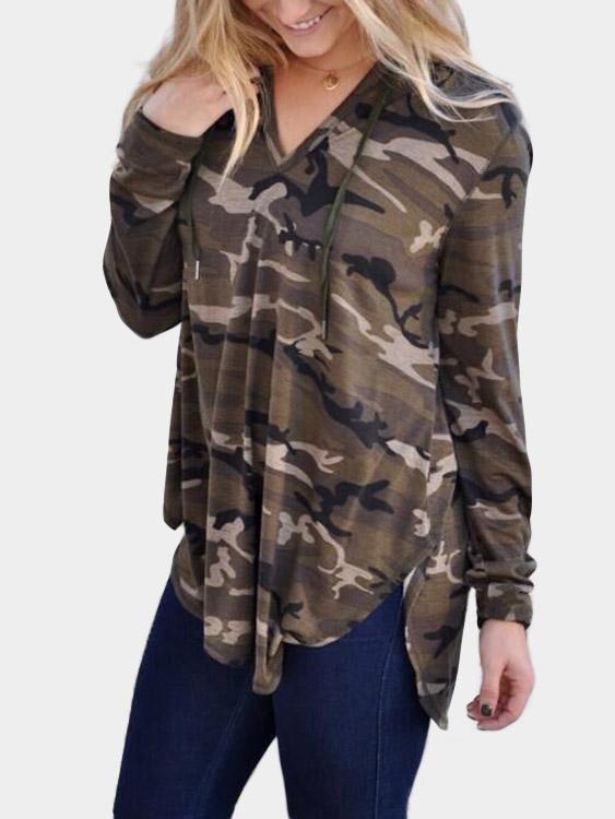 Wholesale V-Neck Camouflage Hooded Long Sleeve Curved Hem Camouflage T-Shirts