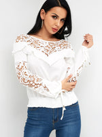 Wholesale Round Neck Plain Lace Self-Tie Long Sleeve White Blouses