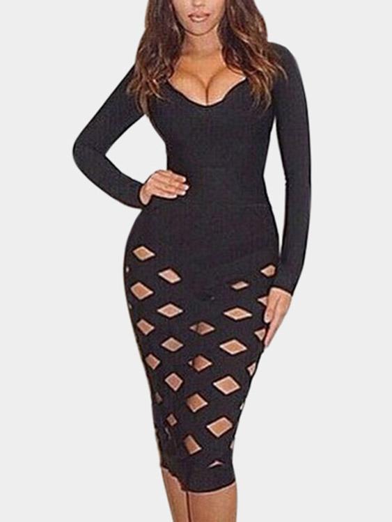 Wholesale Black Round Neck Long Sleeve Random Ripped Bodycon High-Waisted Sexy Dresses