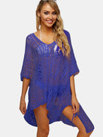 Wholesale Deep V-Neck Tassel Hollow Lace-Up Slit Hem Purple Beachwear
