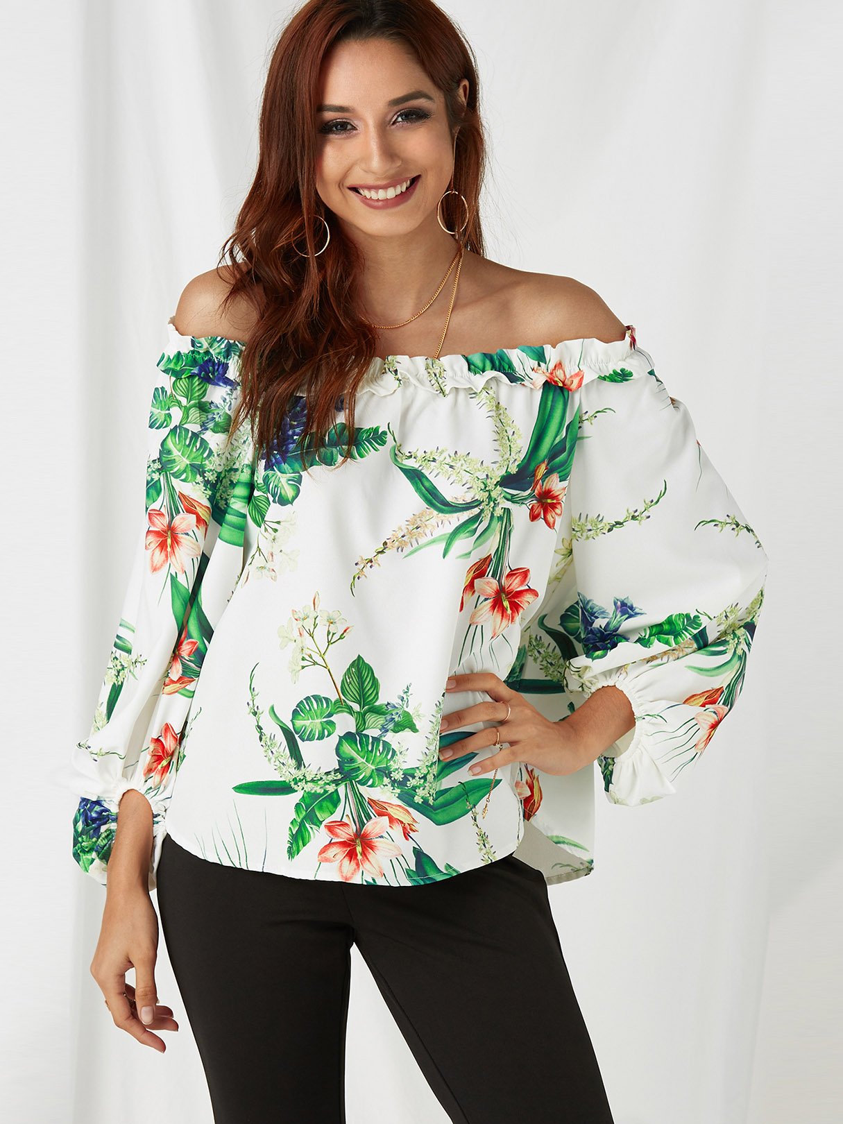 Wholesale Off The Shoulder Floral Print Long Sleeve Top