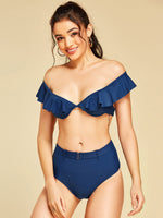 Wholesale Off The Shoulder Plain Backless Self-Tie Ruffle Trim Short Sleeve Dark Blue Bikinis