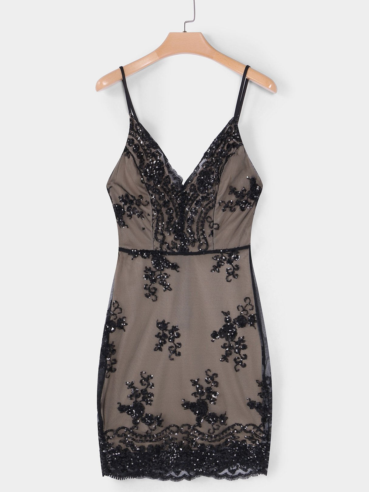 Wholesale Black Deep V Neck Sleeveless Zip Back Backless Sequins Embellished Spaghetti Strap Bodycon Sexy Dress