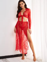 Wholesale V-Neck Long Sleeve Embroidered Lace See Through Tie-Up Eyelash Trim Beach Cover Ups