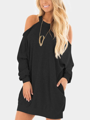 Wholesale Black Cold Shoulder Long Sleeve Side Pockets Shirt Dresses