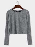 Wholesale Pocket Design Round Neck Long Sleeves Knitted Top