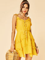 Wholesale Yellow V-Neck Sleeveless Plain Spaghetti Strap Self-Tie Irregular Hem Dresses