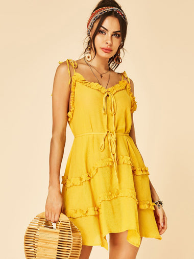 Wholesale Yellow V-Neck Sleeveless Plain Spaghetti Strap Self-Tie Irregular Hem Dresses