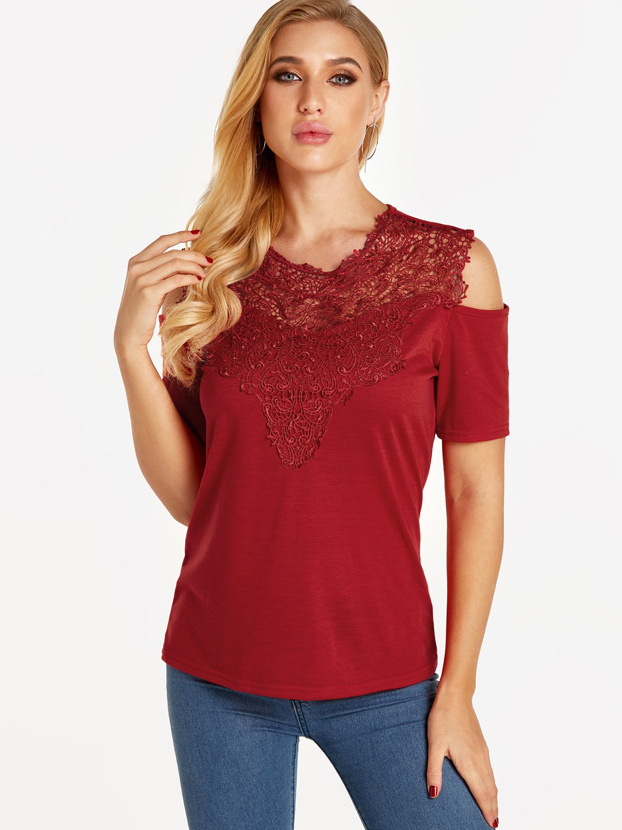 Wholesale Crew Neck Cold Shoulder Plain Lace Cut Out Short Sleeve Red T-Shirts